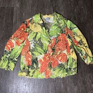 Chico's Blazer Floral Jacket Cutout Embroidered Linen Blend Size 1 / Medium